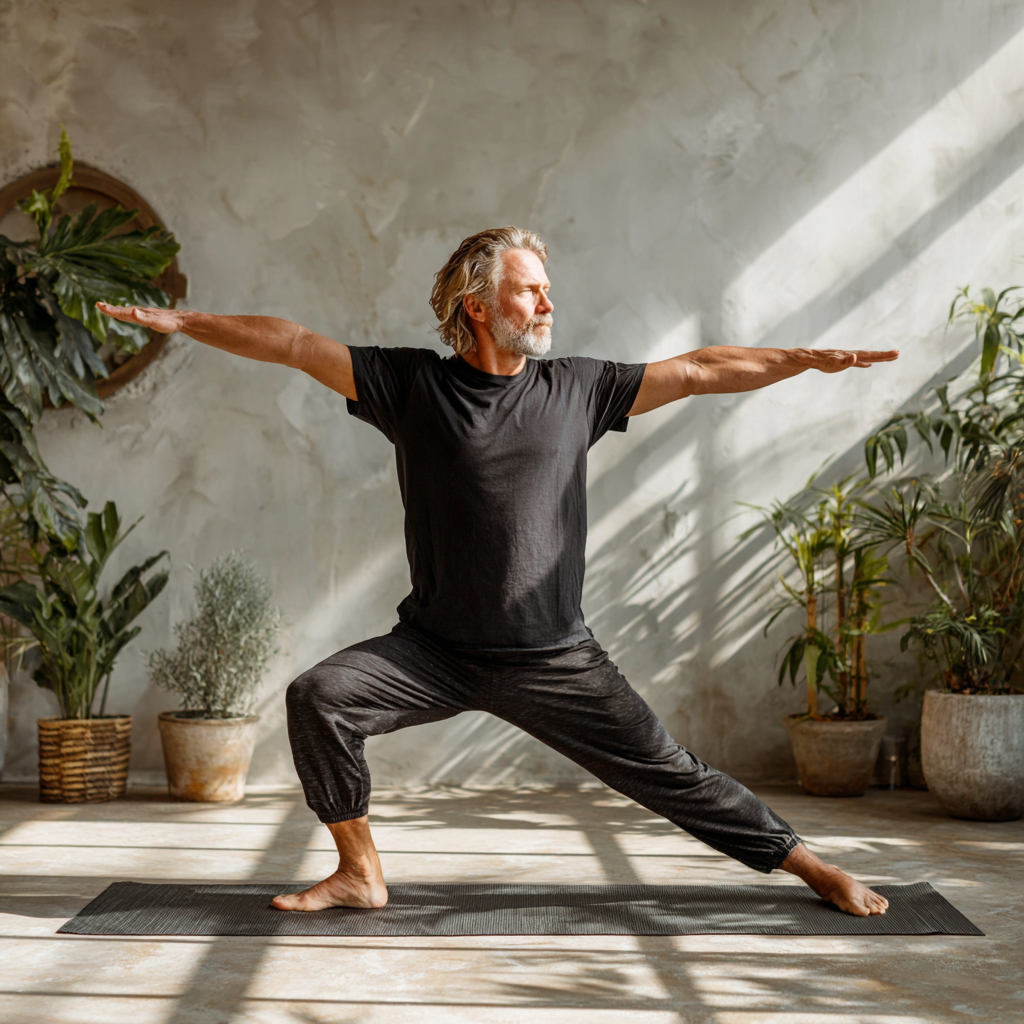 Confident man in his early 50s demonstrating yoga warrior pose in modern studio space with natural lighting and plants