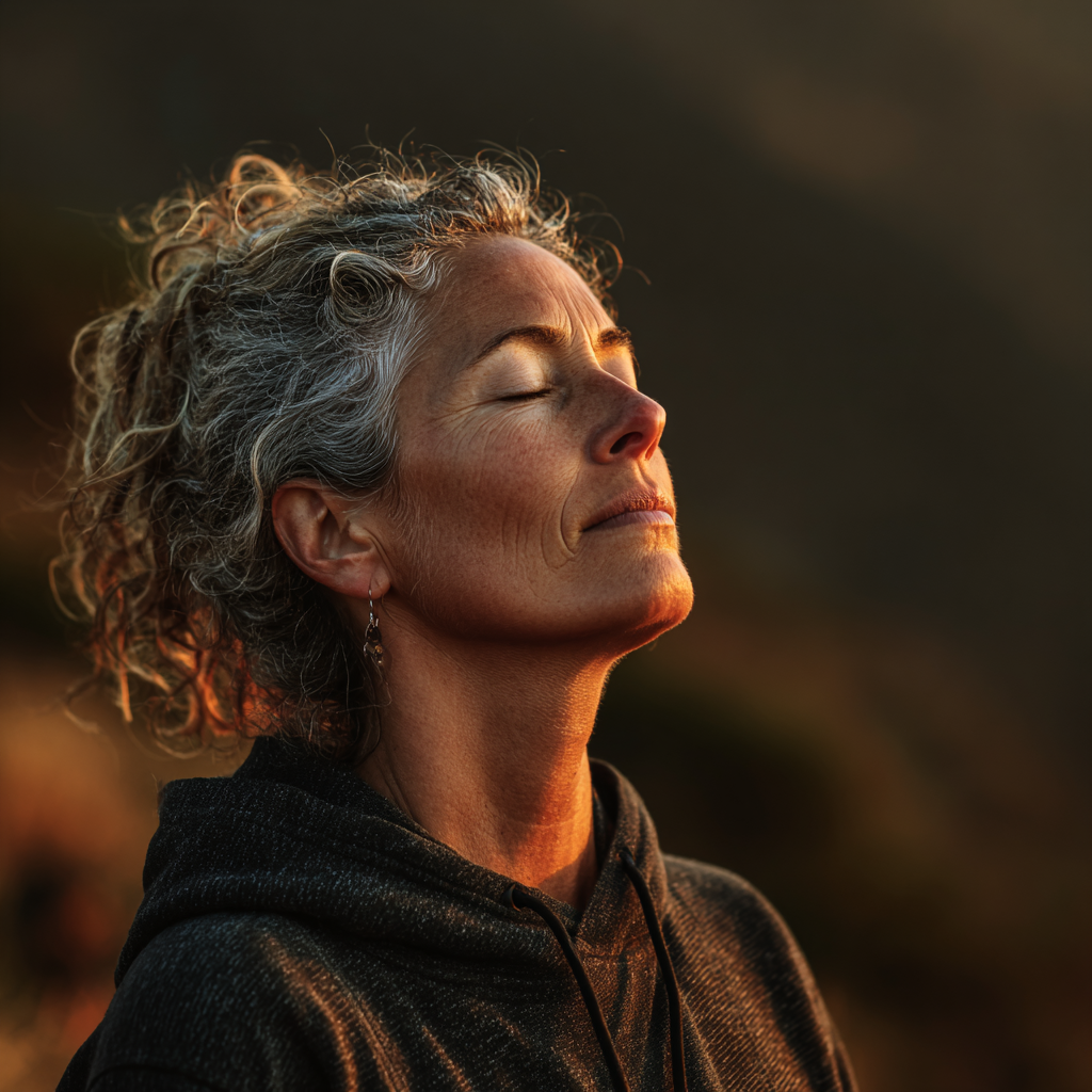 Peaceful middle-aged woman in her late 40s practicing yoga meditation pose outdoors in serene natural setting with soft morning light